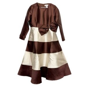 EY Boutique Dress Womens 8 Brown Cream Colorblock Bow Waist Midi A-Line NWT
